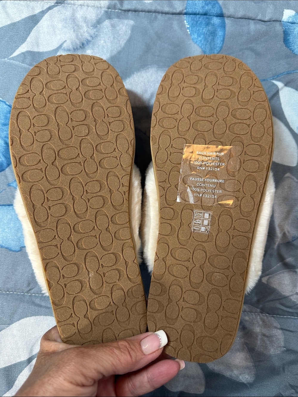 NWOT Coach Ziva Tan Signature Logo Slippers w/Cream Faux-Fur Trim Sz 7 - Picture 7 of 12